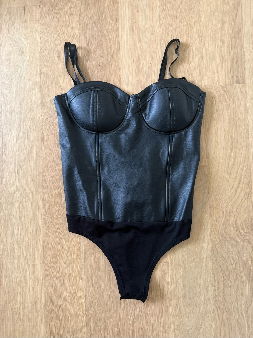 Aqua Black Faux-Leather Bustier One-Piece Bodysuit